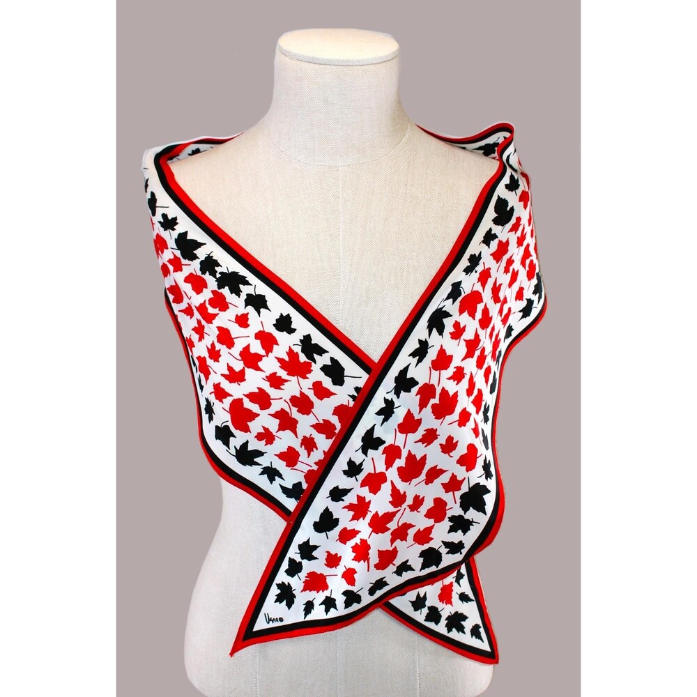 Vera Neumann 1940s Vintage Silk Scarf: Red Black Leaf Print White Background